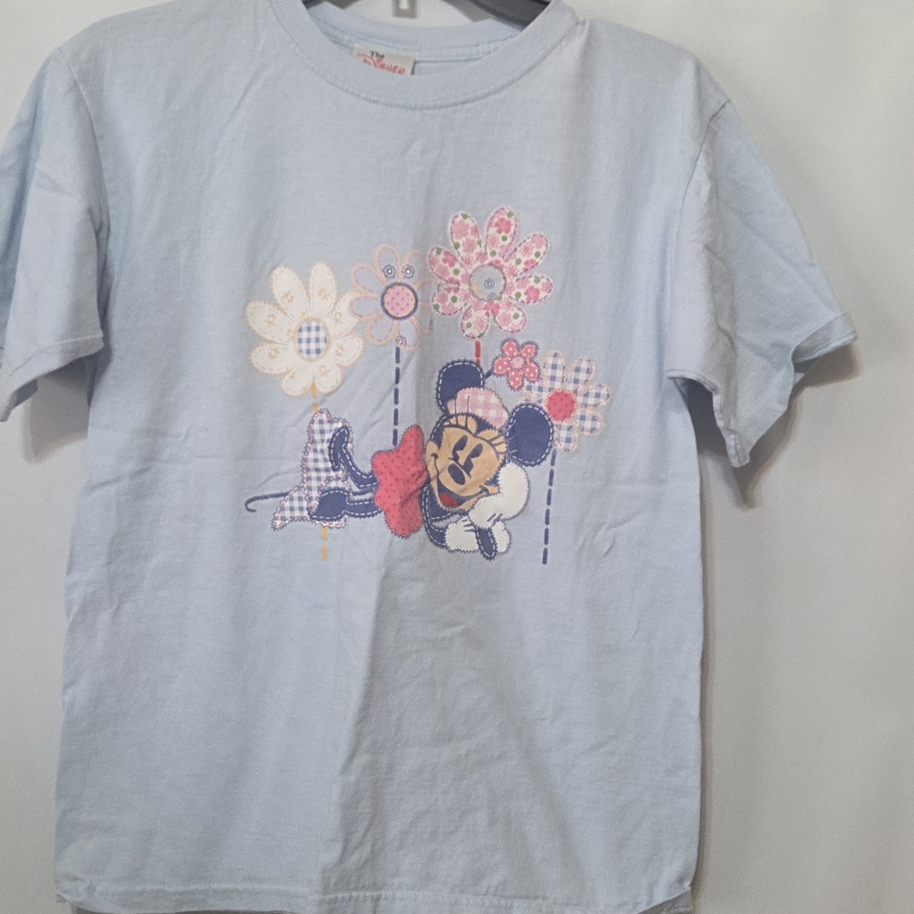 Vtg Disney Store Blue Short Sleeve Minnie Mouse W/Flowers Shirt Women Size Large